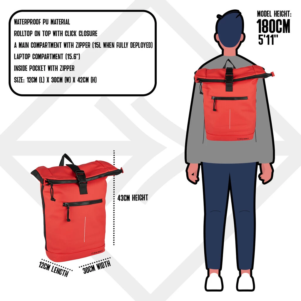 New Rebels Mart New York Rood 16L Rugtas Rolltop Waterafstotend Laptop 15,6 - Afbeelding 4